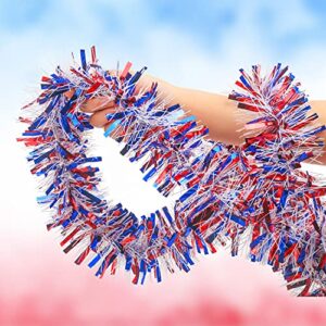 KIMOBER 32.8 Ft 4th of July Tinsel Garland, Red White Blue Metallic Garland for Independence Day Memorial Day Decoration