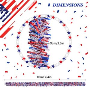 KIMOBER 32.8 Ft 4th of July Tinsel Garland, Red White Blue Metallic Garland for Independence Day Memorial Day Decoration