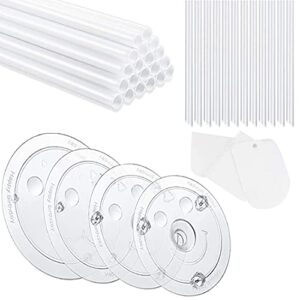 morestar 20 pieces plastic white sticks dowel rods and 4 pieces cake separator plates 46810 inch with 12 clear stacking dowels, different patterns cake scrapers for tiered cake stacking, 9.4inch