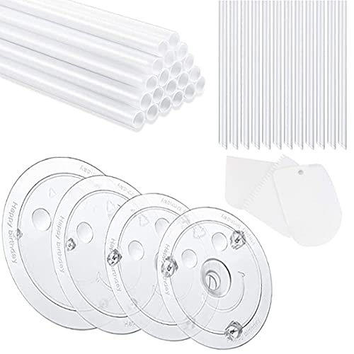 MoreStar 20 Pieces Plastic White Sticks Dowel Rods and 4 Pieces Cake Separator Plates 46810 Inch with 12 Clear Stacking Dowels, Different Patterns Cake Scrapers for Tiered Cake Stacking, 9.4inch