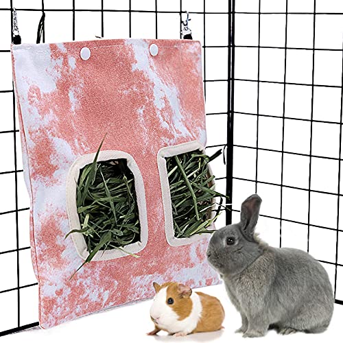 LeerKing Rabbit Hay Feeder Bag, Hanging Canvas Hay Feeder Guinea Pig with Clips, Hay Holder Bag for Rabbits Bunny Guinea Pig and Other Small Animals