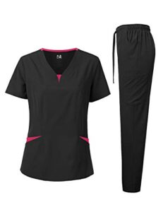 dagacci medical uniform women's scrubs set 4-way stretch split contrast net and pocket (small, black)