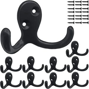 msbong coat hooks hardware, 10pcs wall hooks heavy duty hooks for hanging coats no rust double robe hooks wall mounted for key, towel, bags, cup, hat (black)