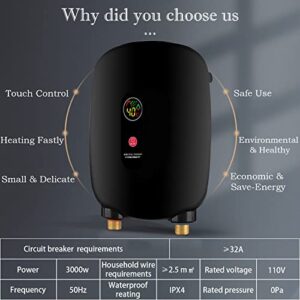 3000W Mini Water Heater 110V Electric Tankless Instant Hot Water Heater Thermostatic Washing Heating System for Home Kitchen Bathroom (Black)
