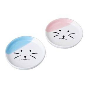ceramic shallow cat food dish, cat wet food and raw meat flat cat bowls; stress relief of whisker fatigue cat dishes, wide plate for kittens small animals and short legged munchkin cat set of 2