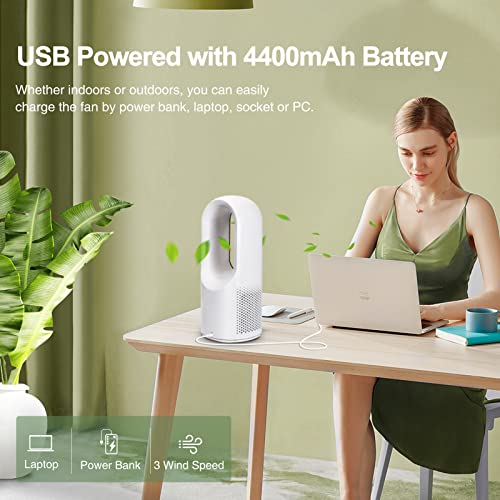 CONBOLA Desk Fan, 11.8 Inch Quiet Bladeless Fan USB Desktop Rechargeable Fan, Small Portable Table Fan with 3 Cooling Speeds, Touch Control Personal Fan for Bedroom, Office, Home, Outdoor (White)