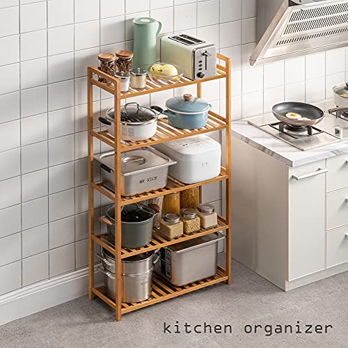 IOTXY Adjustable Multifunctional Shelving Unit - Medium 5-Tier Bamboo Freestanding Shelf, Bathroom Towel Storage Shelves, Living Room Open Bookshelf, Kitchen Organizer, Entryway Shoe Rack, Light Grey