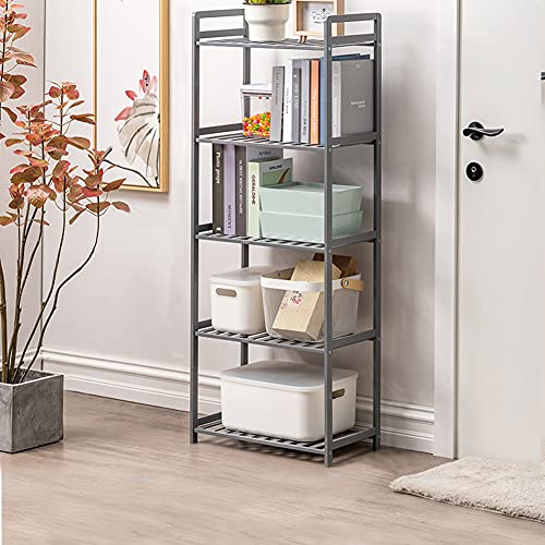 IOTXY Adjustable Multifunctional Shelving Unit - Medium 5-Tier Bamboo Freestanding Shelf, Bathroom Towel Storage Shelves, Living Room Open Bookshelf, Kitchen Organizer, Entryway Shoe Rack, Light Grey