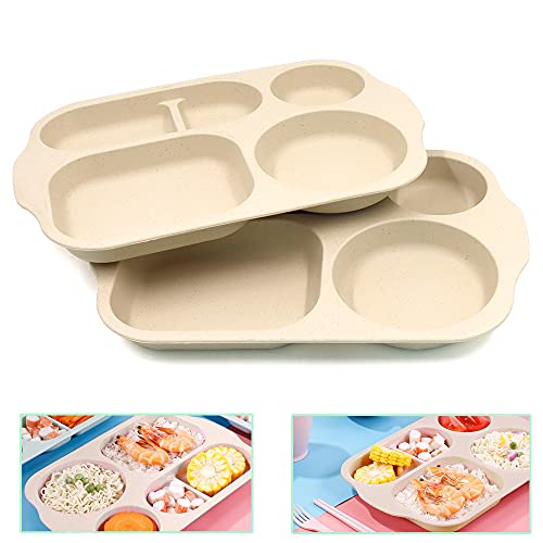 2 Pcs Wheat Straw Divided Plates, School Lunch Trays, Fast Food Trays Cafeteria Trays with Compartments, Home Restaurant(Beige)