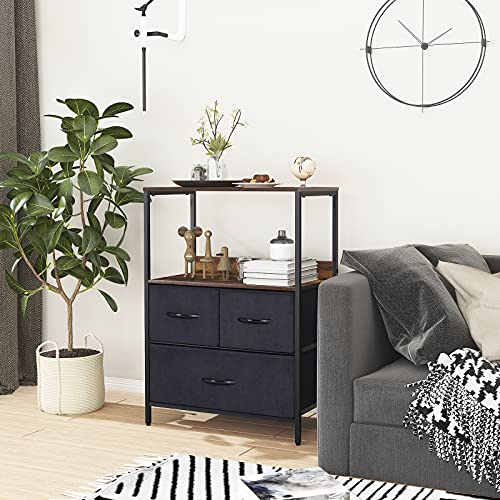 LYNCOHOME 3 Drawers Dresser- Fabric Storage Tower with Shelf, Organizer Units for Bedroom, Livingroom, Hallway, Entryway, Closets, Steel Frame, Wood Top, Rustic Brown