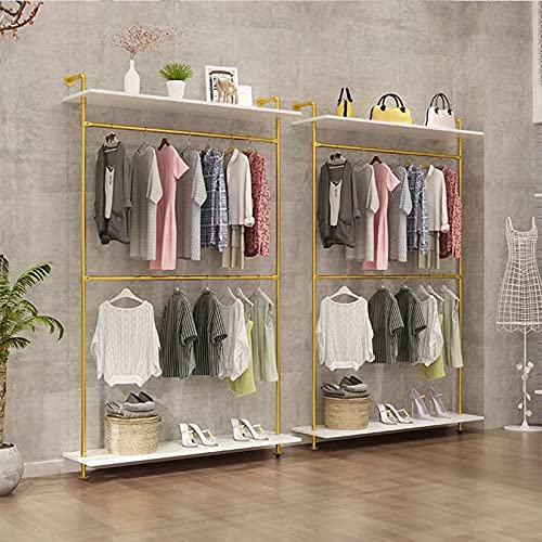 FURVOKIA Modern Simple 2 Tier Industrial Pipe and Wood Garment Rack,Wall Mounted Double Hanging Rods Clothing Rack,Retail Display Storage Clothes Hanging Shelves (One Shelves,Gold, 47.2" L)