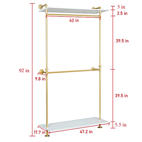 FURVOKIA Modern Simple 2 Tier Industrial Pipe and Wood Garment Rack,Wall Mounted Double Hanging Rods Clothing Rack,Retail Display Storage Clothes Hanging Shelves (One Shelves,Gold, 47.2" L)