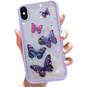wzjgzdly butterfly bling clear case compatible with iphone x iphone xs, glitter case for women cute slim soft slip resistant protective phone case cover for iphone x/xs (5.8 inch) - purple
