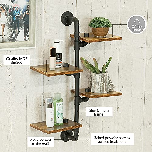 BOTAOYIYI Pipe Shelf, Industrial Pipe Shelving, 4 Tier Wall Book Shelf Corner Shelves with Wood Planks Wall Mounted Metal Floating Farmhouse Wall Rustic Decor Bookcase for Bathroom Bedroom Living Room