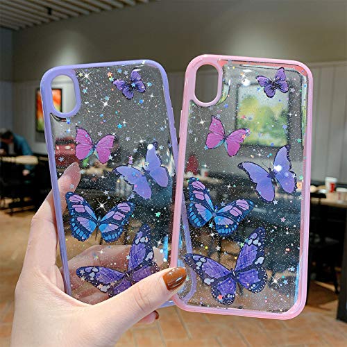 Butterfly Bling Clear Case Compatible with iPhone 8 Plus /7 Plus, wzjgzdly Glitter Case for Women Cute Slim Soft Slip Resistant Protective Phone Case Cover for iPhone 8 Plus / 7 Plus (5.5 inch)-Purple