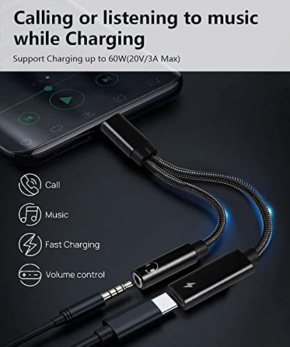 Samsung Galaxy S23 Headphone Adapter, 2 in 1 USB C to 3.5mm Audio Adapter & 60W Fast Charging Dongle Compatible with Pixel 7Pro/6/6Pro/5/4XL, Galaxy S23+/S23 Ultra/S22+/S22 Ultra/S21+/S21FE/Note 10+