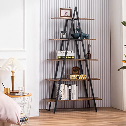 YOUDENOVA 5-Tier Ladder Bookshelf, Industrial A-Shaped Bookcase, Tall Ladder Shelf Storage Organizer for Living Room, Home Office, Black