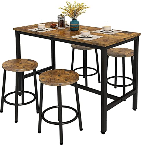 MIERES 5 Pcs Dining Table Set, kitchen Table and Chairs for 4 Kitchen Counter with Bar Height Stools, Ideal for Pub︱Home︱Farmhouse Restaurant︱Cafe, MDF Top & Steel Frame