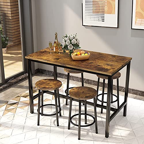 MIERES 5 Pcs Dining Table Set, kitchen Table and Chairs for 4 Kitchen Counter with Bar Height Stools, Ideal for Pub︱Home︱Farmhouse Restaurant︱Cafe, MDF Top & Steel Frame