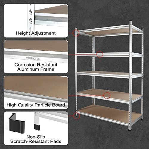 WORKPRO 5-Tier Storage Shelving Unit, 48”W x 24”D x 72”H, Adjustable Storage Rack Heavy Duty Aluminum Alloy Shelf, 2750 lbs Load Capacity (Total), for Garage, Kitchen, Bathroom, Warehouse, W082061