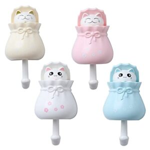 tikapo pee-a-boo cute cat punch free adhesive decorative heavy duty wall hook for hanging cloth, key, towel, bag, hat; utility hooks for home garage storage - 4 pcs