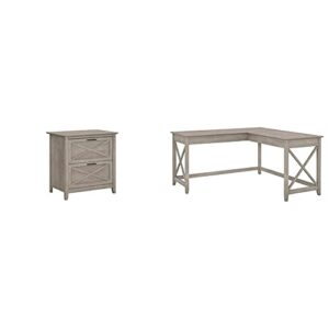 bush furniture key west 2 drawer lateral file cabinet in washed gray & key west modern farmhouse writing desk for home office, 60w, washed gray