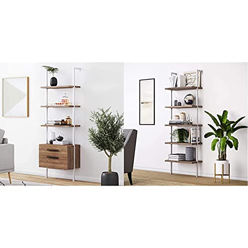 Nathan James Theo Industrial Bookshelf, 3-Shelf, Oak/White & Theo 5-Shelf Wood Modern Bookcase, Open Wall Mount Ladder Bookshelf with Industrial Metal Frame, Light Brown Oak/White