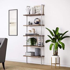 Nathan James Theo Industrial Bookshelf, 3-Shelf, Oak/White & Theo 5-Shelf Wood Modern Bookcase, Open Wall Mount Ladder Bookshelf with Industrial Metal Frame, Light Brown Oak/White