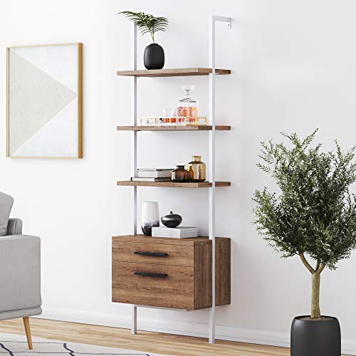 Nathan James Theo Industrial Bookshelf, 3-Shelf, Oak/White & Theo 5-Shelf Wood Modern Bookcase, Open Wall Mount Ladder Bookshelf with Industrial Metal Frame, Light Brown Oak/White