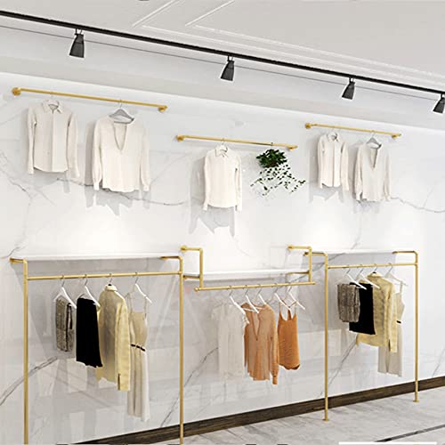 FURVOKIA Modern Simple Industrial Pipe and Wood Garment Rack,Wall Mounted Hanging Rods Clothing Rack,Retail Display Storage Clothes Hanging Shelves(Gold, 47.2" L)