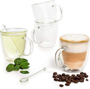 moss & stone set of 4 double wall glass cup clear mug, double walled coffee mugs 7.4 oz, glass tea mugs, insulated coffee mug with handle & 2 glass spoons