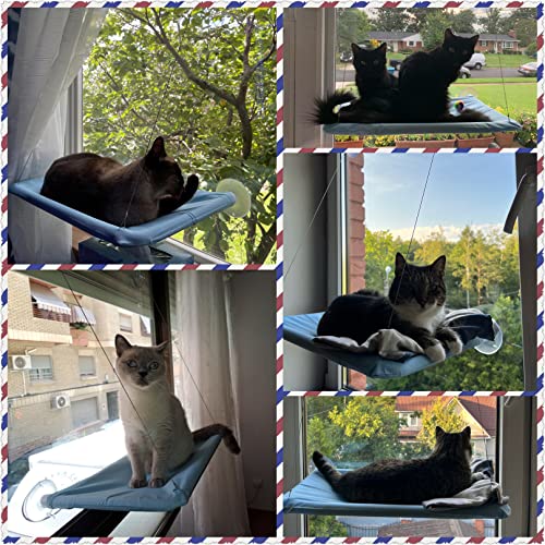 Cat Window Hammock Perch Cat Safety Sunny Bed with Durable Heavy Duty Suction Cups Resting Sunny Window Seat for Indoor Cats Sleeping Space Saving Window Mounted Cat Bed Holds Up to 30lbs (Blue)