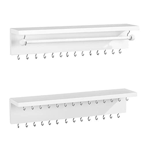 ROSE BLOOM Jewelry Organizer Wall Mounted, Wood Hanging Jewelry Organizer Holder with Removable Bracelet Rod and 42 Hooks for Hanging Rings, Earrings, Necklace Display, Set of 2, White