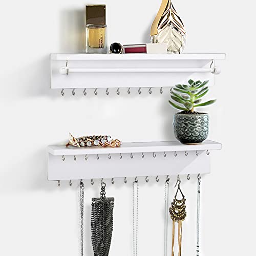 ROSE BLOOM Jewelry Organizer Wall Mounted, Wood Hanging Jewelry Organizer Holder with Removable Bracelet Rod and 42 Hooks for Hanging Rings, Earrings, Necklace Display, Set of 2, White