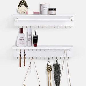 ROSE BLOOM Jewelry Organizer Wall Mounted, Wood Hanging Jewelry Organizer Holder with Removable Bracelet Rod and 42 Hooks for Hanging Rings, Earrings, Necklace Display, Set of 2, White