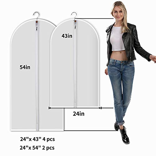 Mskitchen Garment Bags for Closet Storage Garment Covers Clear Garment Bags Clothes Protectors for Closet Hanging Garment Bag Dress Bag Plastic Garment Bags with Cedar Balls -24”x43”/54”/6 Pack