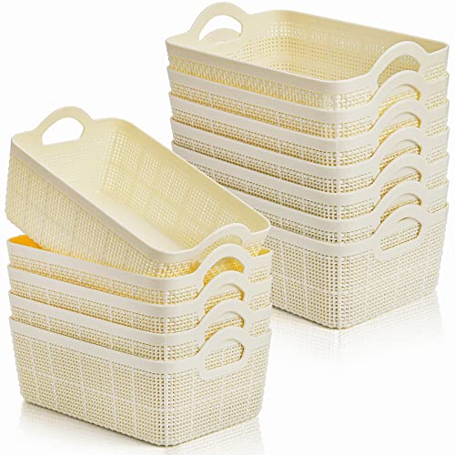 ZOOFOX 12 Pack Small Plastic Storage Basket, 7" L x 5" W x 3" H Weave Organizer Bins With Handle, Stackable Storage Bins for Drawers, Shelves, Closet, Countertop and Office