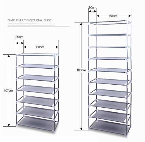 HOFOME 10 Tiers 9 Lattices Free Standing Shoe Rack, Non-Woven Fabric Shoe Stoage Organizer Cabinet, Stackable Shoe Rack for Living Room Entryway (Gray)