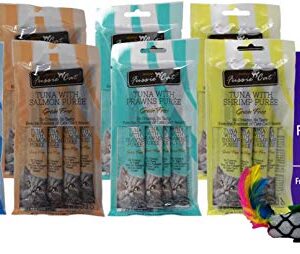 Fussie Cat Premium Tuna Puree Complement Topper Treat 4 Flavor Variety - (2) Each: Salmon, Shrimp, Prawns, Ocean Fish (2 Ounces) - Plus Catnip Toy and Fun Animal Facts Booklet Bundle