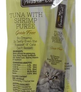 Fussie Cat Premium Tuna Puree Complement Topper Treat 4 Flavor Variety - (2) Each: Salmon, Shrimp, Prawns, Ocean Fish (2 Ounces) - Plus Catnip Toy and Fun Animal Facts Booklet Bundle