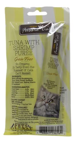 Fussie Cat Premium Tuna Puree Complement Topper Treat 4 Flavor Variety - (2) Each: Salmon, Shrimp, Prawns, Ocean Fish (2 Ounces) - Plus Catnip Toy and Fun Animal Facts Booklet Bundle