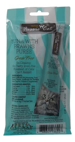 Fussie Cat Premium Tuna Puree Complement Topper Treat 4 Flavor Variety - (2) Each: Salmon, Shrimp, Prawns, Ocean Fish (2 Ounces) - Plus Catnip Toy and Fun Animal Facts Booklet Bundle