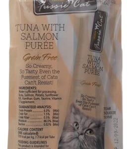 Fussie Cat Premium Tuna Puree Complement Topper Treat 4 Flavor Variety - (2) Each: Salmon, Shrimp, Prawns, Ocean Fish (2 Ounces) - Plus Catnip Toy and Fun Animal Facts Booklet Bundle