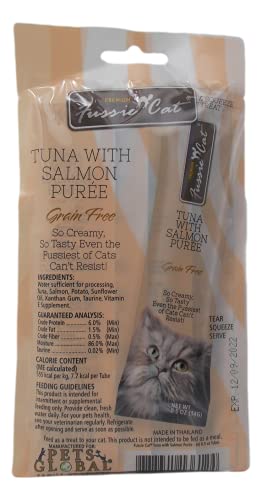 Fussie Cat Premium Tuna Puree Complement Topper Treat 4 Flavor Variety - (2) Each: Salmon, Shrimp, Prawns, Ocean Fish (2 Ounces) - Plus Catnip Toy and Fun Animal Facts Booklet Bundle