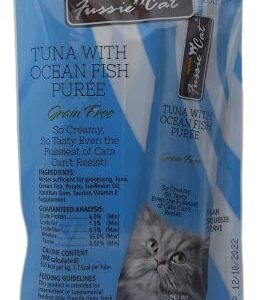 Fussie Cat Premium Tuna Puree Complement Topper Treat 4 Flavor Variety - (2) Each: Salmon, Shrimp, Prawns, Ocean Fish (2 Ounces) - Plus Catnip Toy and Fun Animal Facts Booklet Bundle