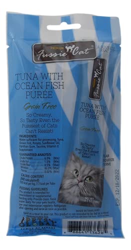 Fussie Cat Premium Tuna Puree Complement Topper Treat 4 Flavor Variety - (2) Each: Salmon, Shrimp, Prawns, Ocean Fish (2 Ounces) - Plus Catnip Toy and Fun Animal Facts Booklet Bundle