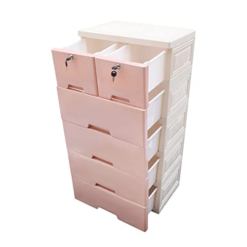 6 Drawer Dresser Vertical Cupboard Cabinet Plastic Dresser Storage with 4 Wheel and 4 Large Drawers and Top 2 Small Cabinets Locker(With Keys) for Closets Bedrooms Nurseries Playrooms and More (Pink)
