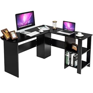 tangkula l-shaped desk, corner computer desk w/ 2-tier open bookshelves & spacious tabletop, space saving corner desk for studying gaming working, home office desk