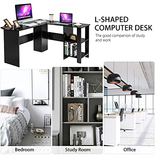 Tangkula L-Shaped Desk, Corner Computer Desk w/ 2-Tier Open Bookshelves & Spacious Tabletop, Space Saving Corner Desk for Studying Gaming Working, Home Office Desk