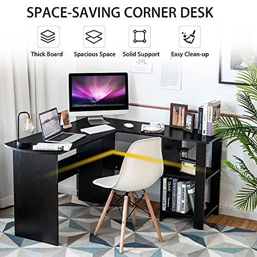 Tangkula L-Shaped Desk, Corner Computer Desk w/ 2-Tier Open Bookshelves & Spacious Tabletop, Space Saving Corner Desk for Studying Gaming Working, Home Office Desk